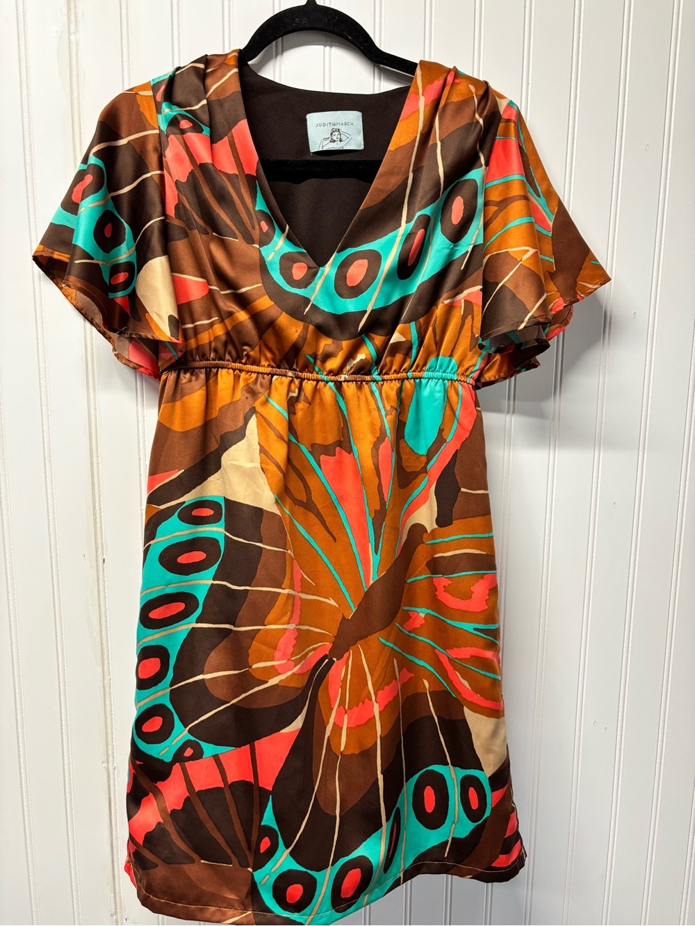 Women's Judith March Brown Butterfly Dress Flutter Sleeves Size Small